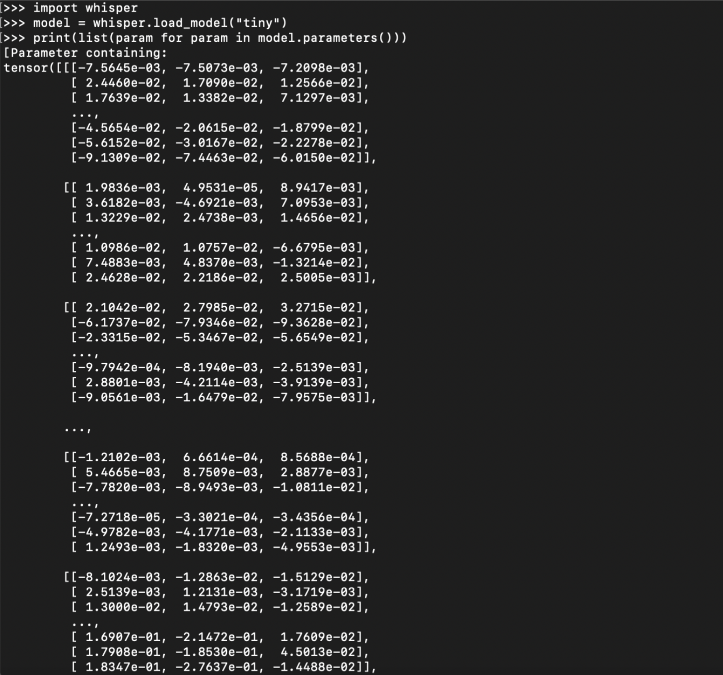 Code block of Whisper's weights.